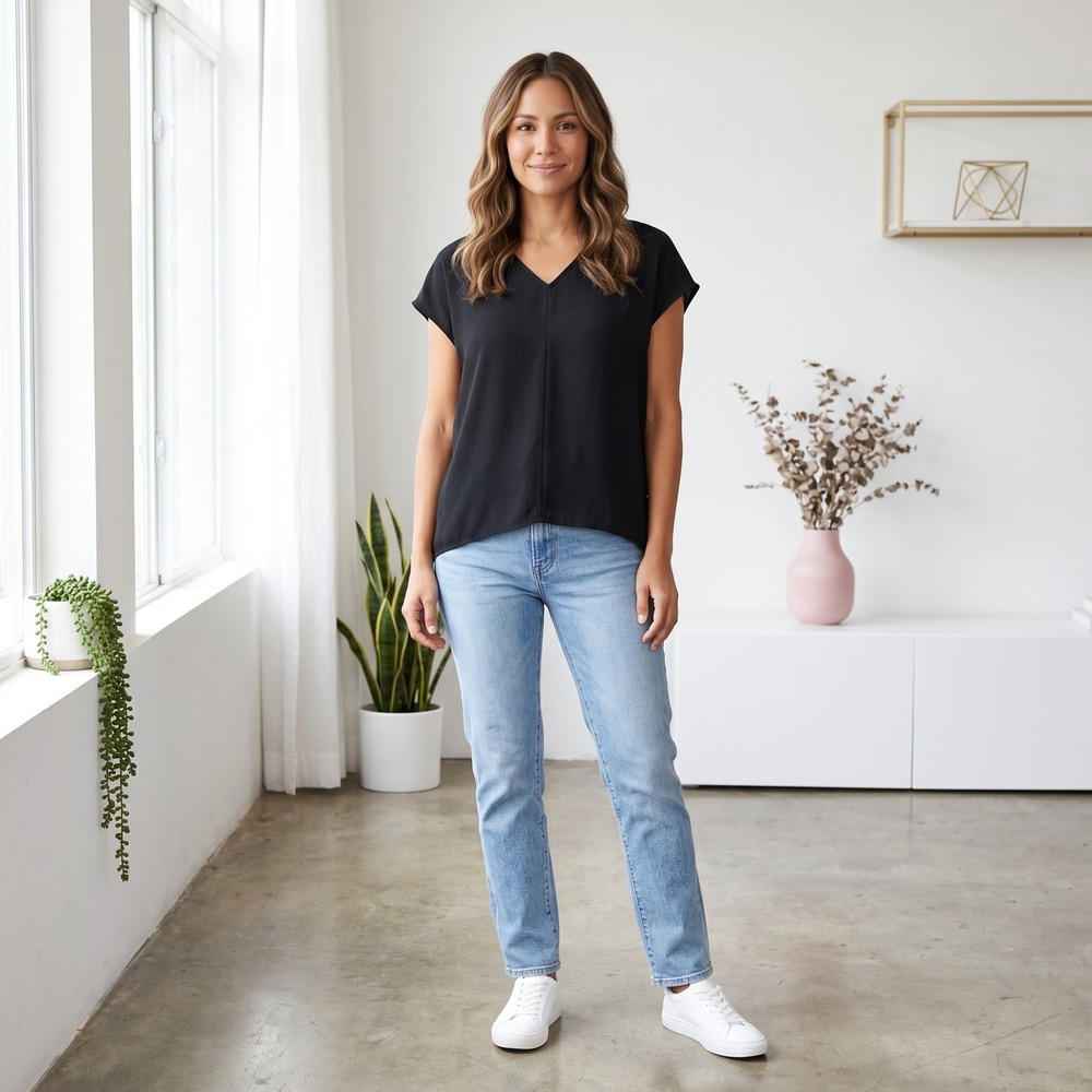 Uniqlo Blouse Top Womens XS Black V Neck Cap Sleeve Hi Low Hem Minimalist Basic - Picture 4 of 12
